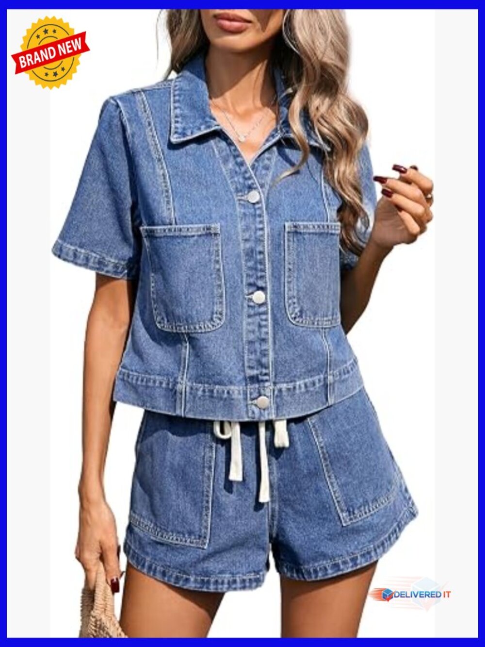 Cropped Denim Shirt and Drawstring Shorts Two Piece Outfit Set Lounge